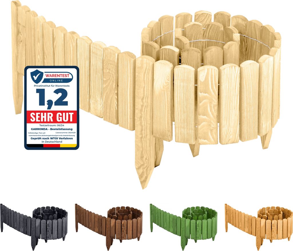 Garronda Beeteinfassung Holz Rollzaun Gartenzaun imprägniert Flexibler Rollborder Rasenkante Palisade Umzäunung für Garten Länge: 200 cm GD-004...