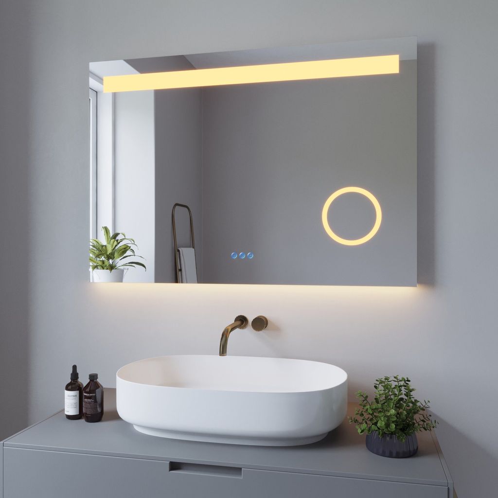 AQUALAVOS LED Spiegel Badezimmerspiegel mit Beleuchtung 100x70cm mit Schminkspiegel 3 Lichtfarben beschlagfrei Lichtspiegel Badspiegel Wandspiegel