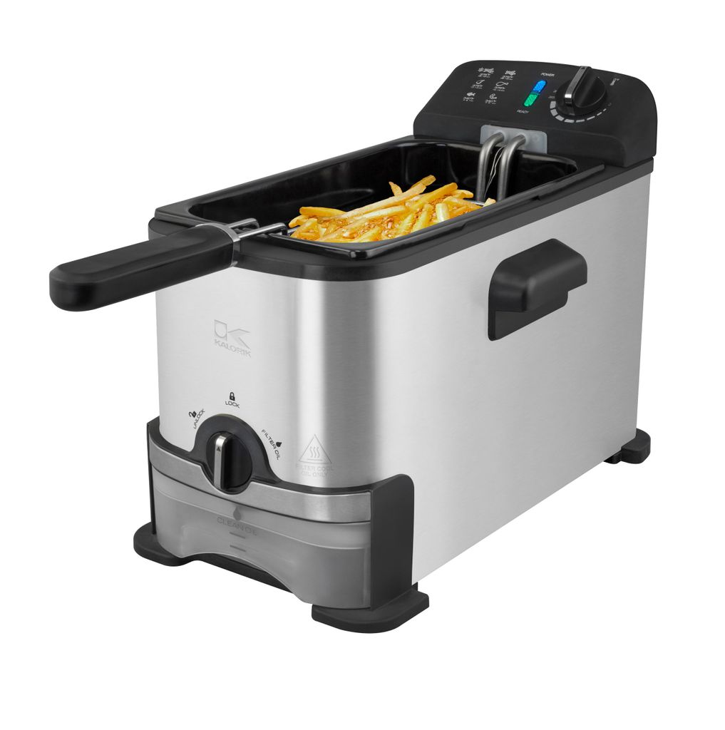 A silver and black deep fryer with french fries inside, shown from a side-angle.