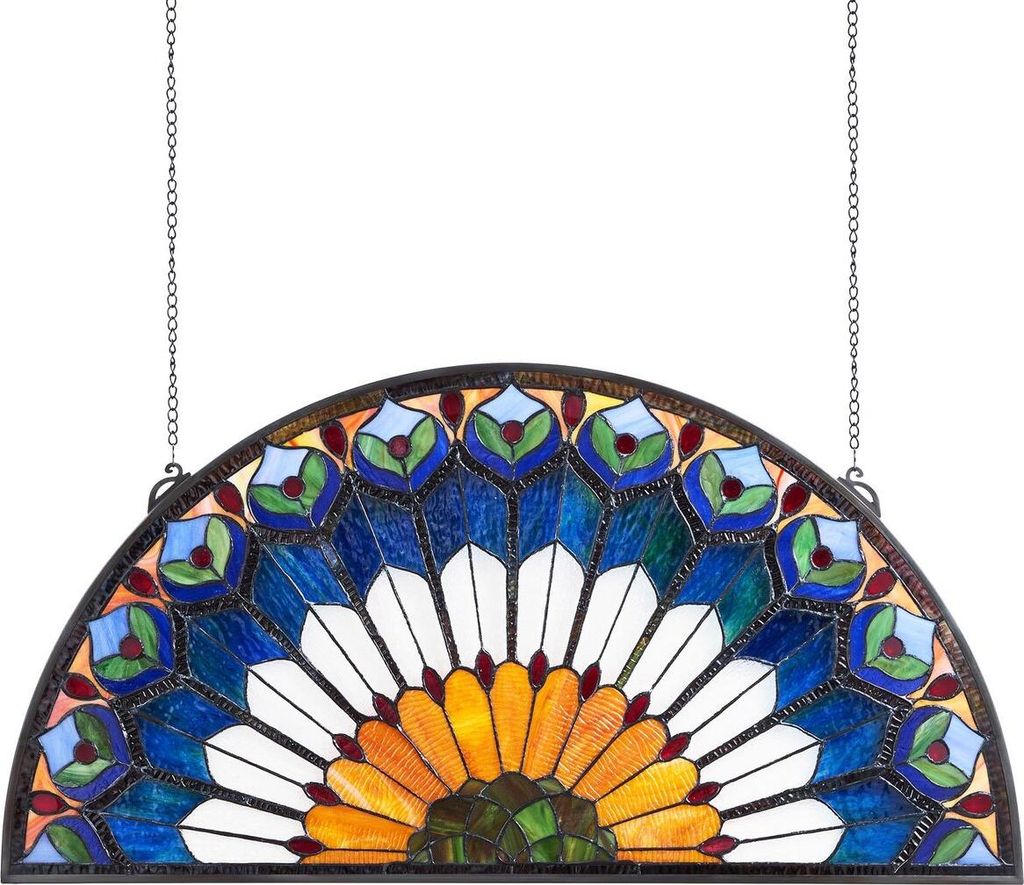Buntglasfenster, 913 x 465 mm, Tiffany-Stil Hängendes Oberlichtfenster mit Kette, großes halbrundes Buntglas-Hängeleuchte, traditionelles Vintag...