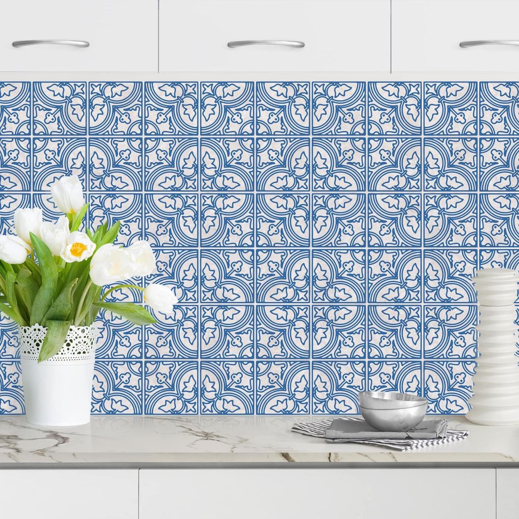Küchenrückwand Muster selbstklebend - 0.35 mm Wandpaneel wasserfest Design blau Fliesenoptik Spritzschutz fugenlos