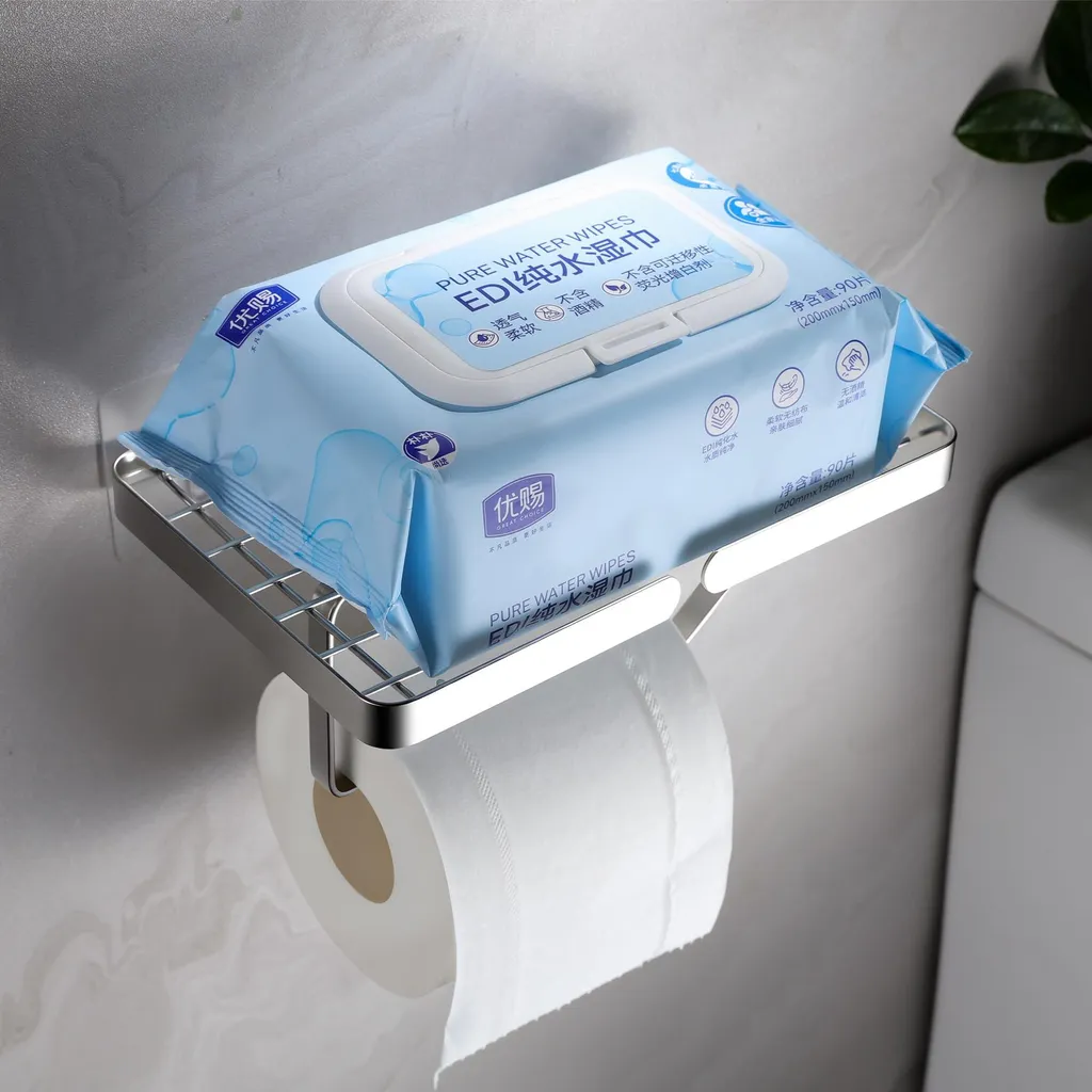 Porte-papier hygiénique argent en inox avec tablette adhésive sans perçage