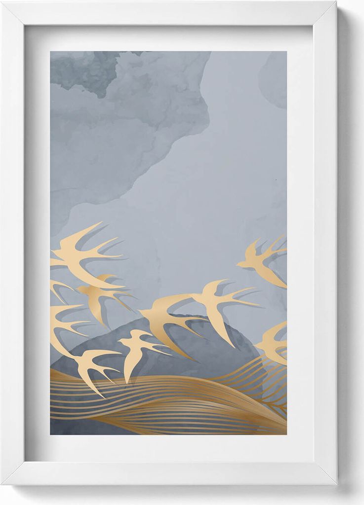Illustration von fliegenden Vögeln– Wandbild mit Rahmen – Gerahmtes Bild – Wanddekoration – 20x30 cm – Weiß