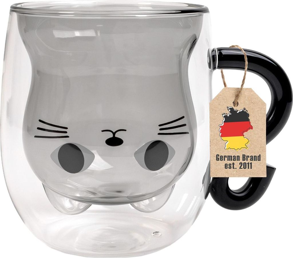 Intirilife Thermo Glas Doppelwandig mit Design Katze in Schwarz - 200ml Füllmenge - Isolierte Tassen Becher aus Glas hitzebeständig für kalte un...