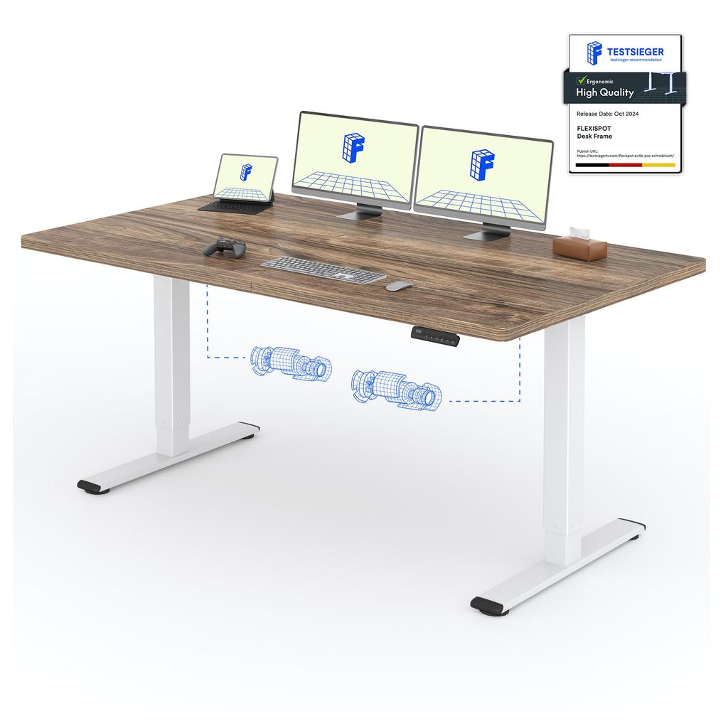 A standing desk with monitors and a laptop on it, with diagrams of the lifting mechanism.