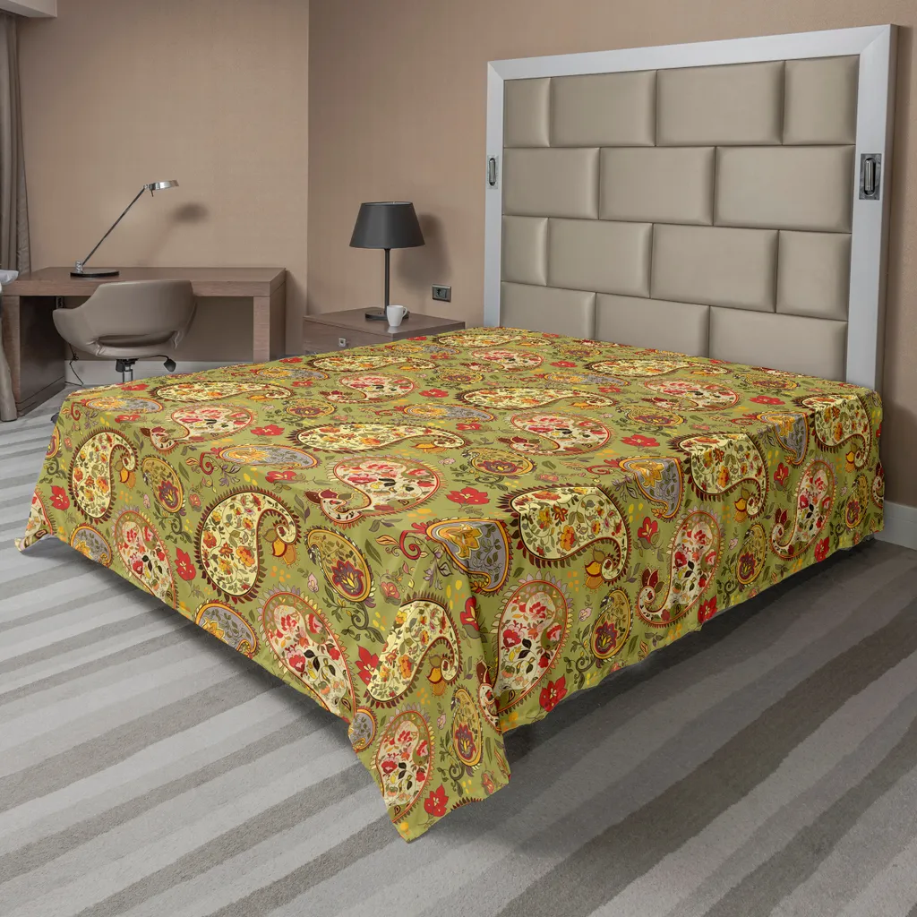 ABAKUHAUS Lenzuolo Paisley, motivo orientale antico colorato di ispirazione persiana su stampa verde, lenzuolo morbido e confortevole per un letto decorativo 1 pezzo 266 cm x 260 cm, multicolore