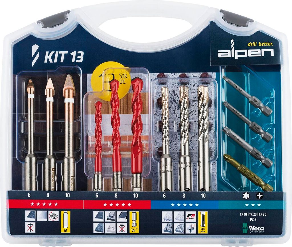 Alpen Bohrer und Bit-Set 9 Bohrer 4 Bits in Werkzeugbox Inhalt 13-teilig