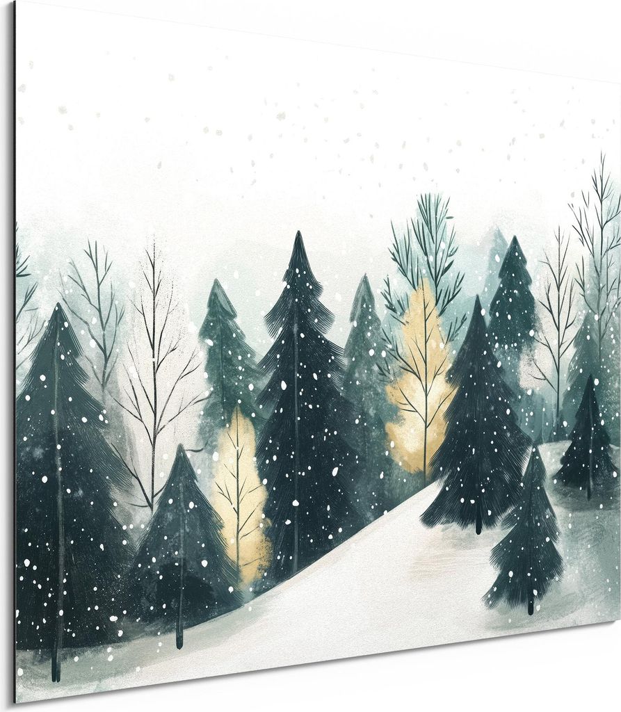 DEQORI Alu-Dibond Bild Weiß 80x60 cm 'Winterruhe im Tannenwald' Wandbild Metall dünn