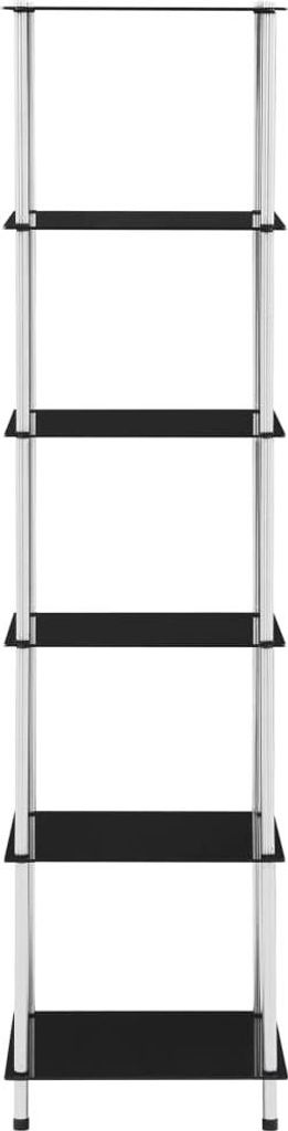 A tall, narrow, five-shelf shelving unit with silver-colored vertical supports and black shelves, presented against a plain white background.