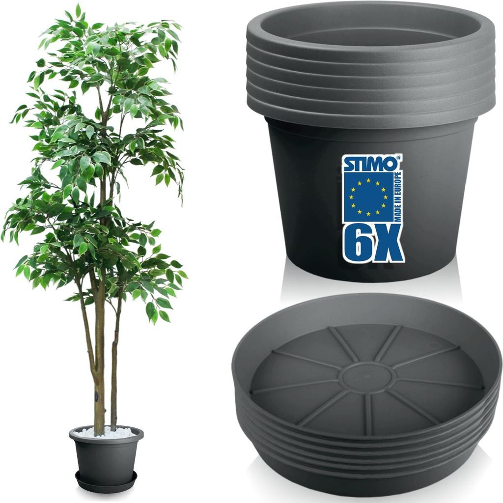 6X Blumentopf 34cm mit Untersetzer 30cm Pflanzkübel Grau Produktbild 