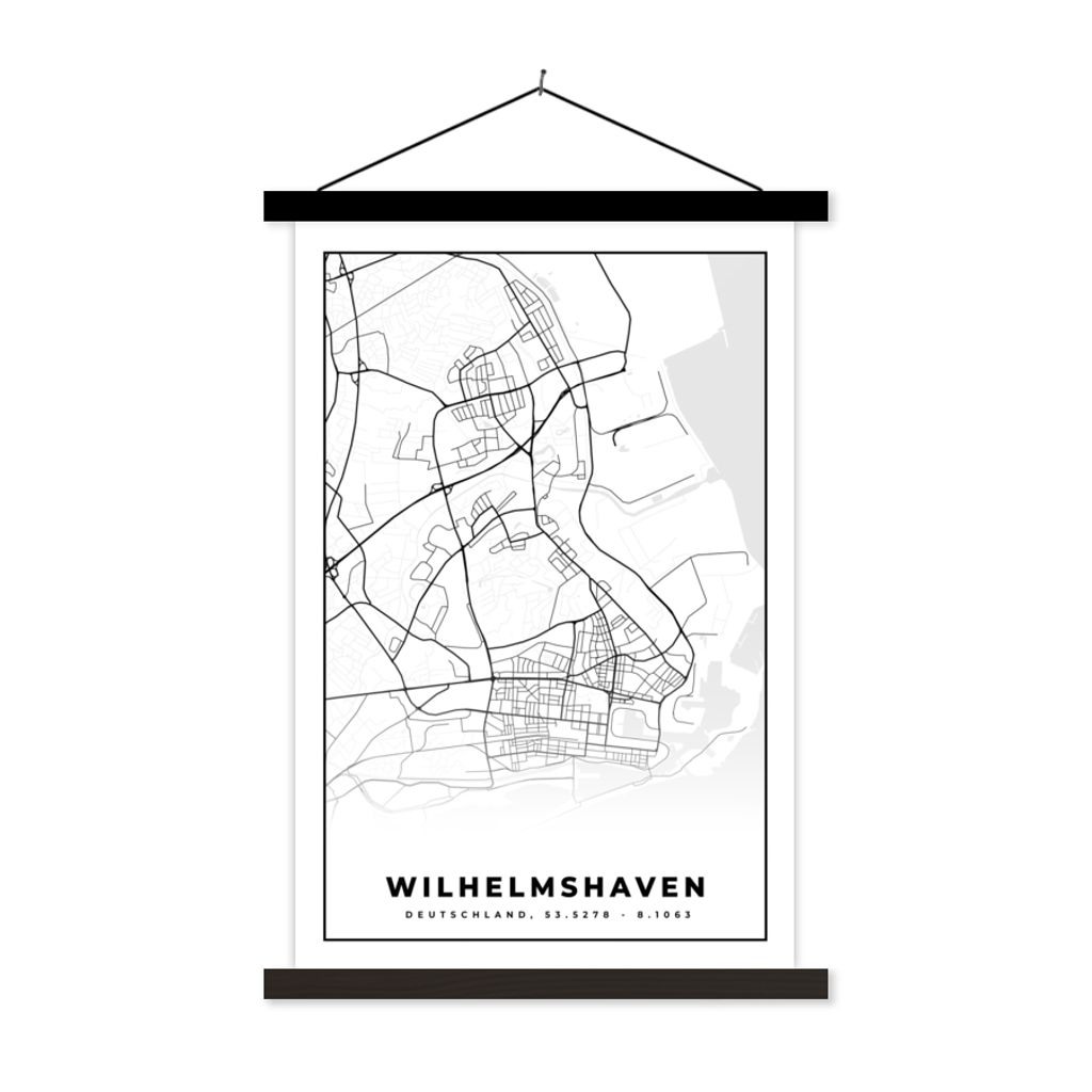 MuchoWow Textilposter Wilhemshaven - Karte - Stadtplan 60x90 cm mit schwarzem Rahmen - Poster Wohnzimmer