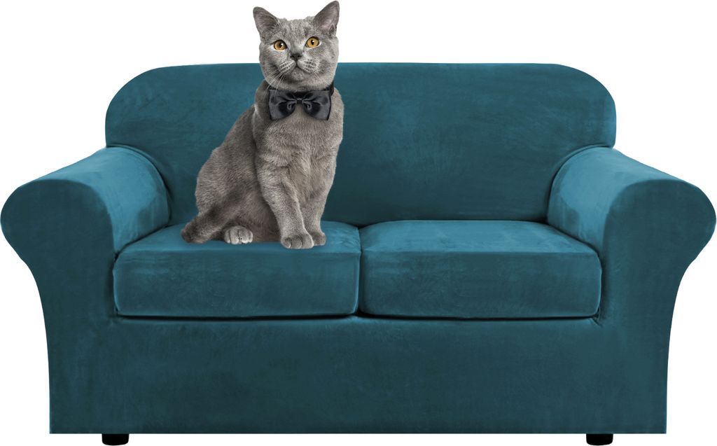 3 Stück Samt Stretch Sofabezug Loveseat Bezug Möbelschutz mit elastischem Boden Rutschfester Dicker waschbarer Sofabezug(2 Sitzer,Dunkelgrün)