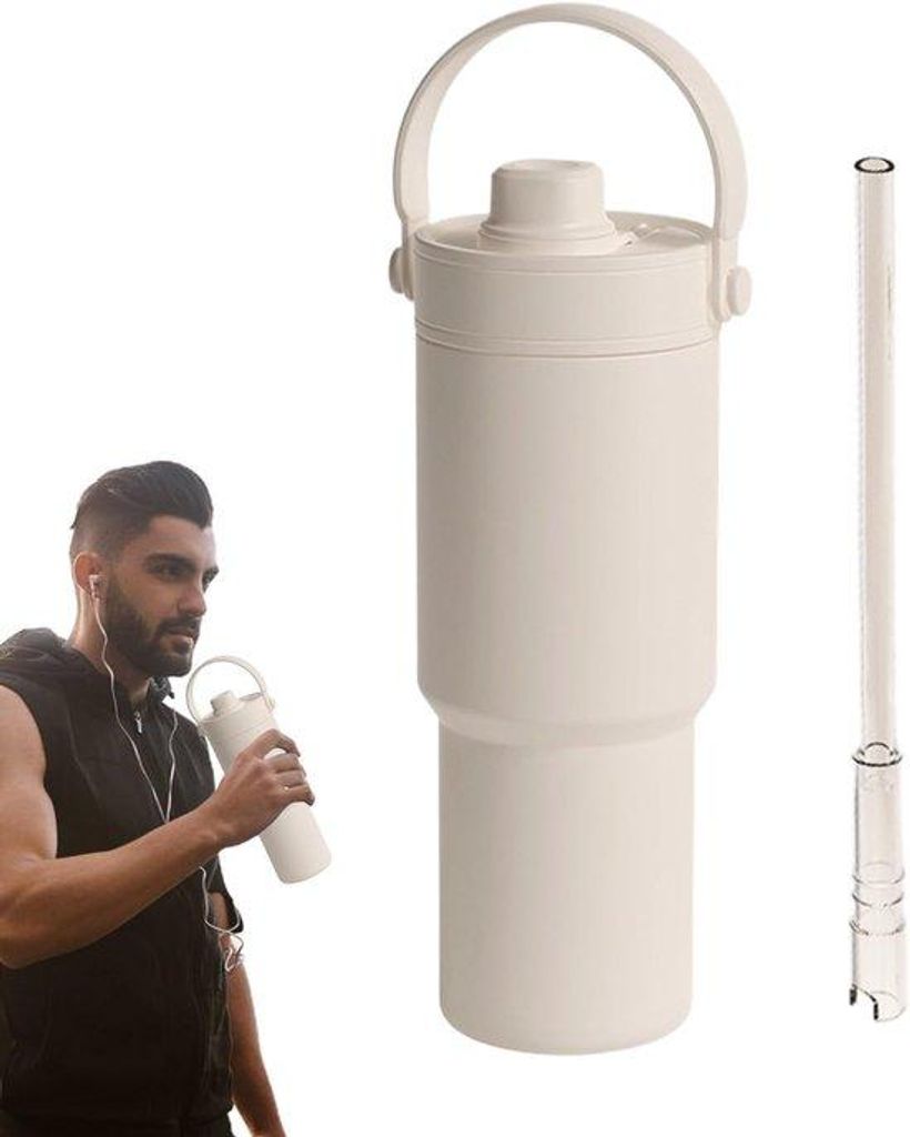 Isolierter Reisebecher mit Keramikunterseite - 735 ml - Mit Trinkhalm, Handgriff und separatem Teesieb - Ideal für Sport, Fitness, Schule, Reisen,...