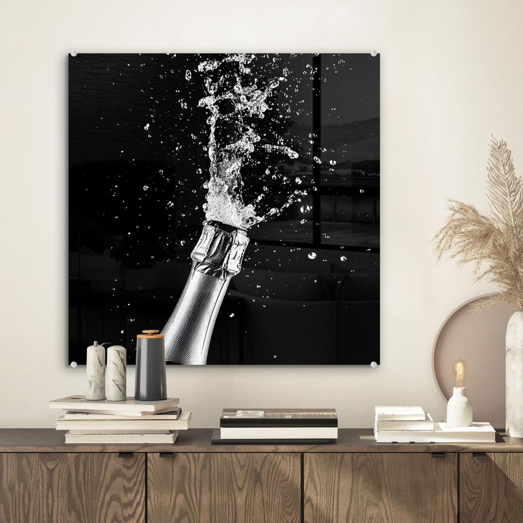 MuchoWow Glasbilder - Bilder auf Wandbild - Foto auf Glas Champagner - Schwarz - Spritzer - Popping 50x50 cm Wanddekoration aus Glas - Acrylglasbil...