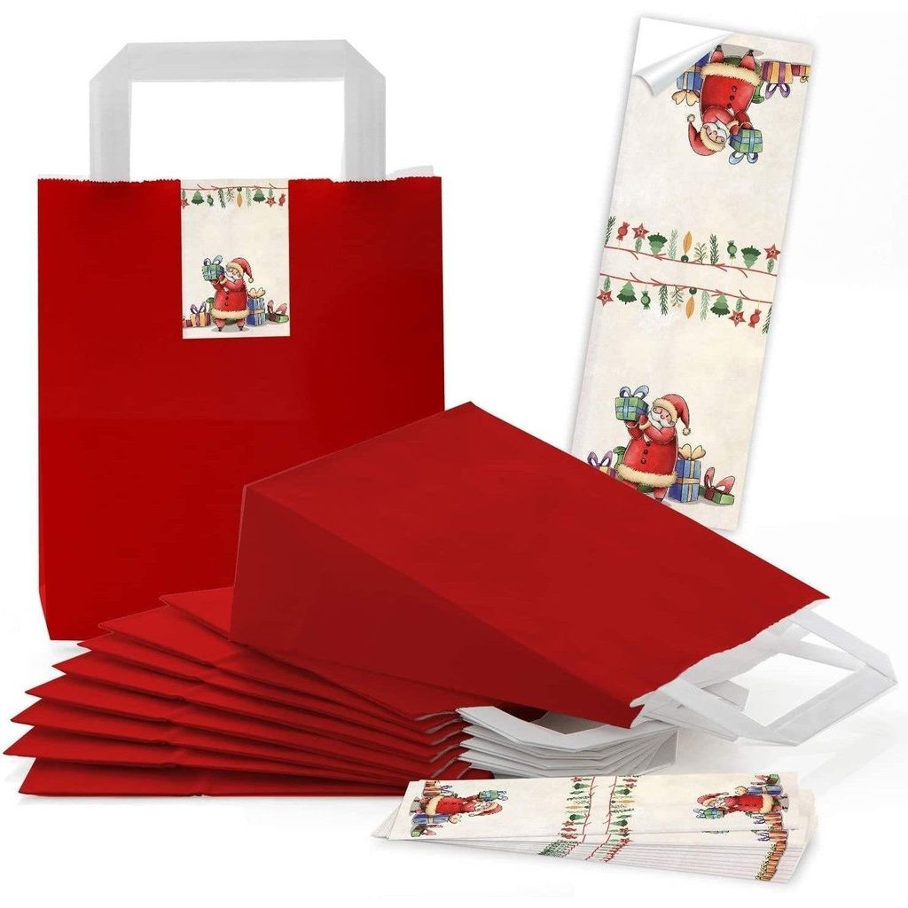 25 rote weihnachtliche Papiertüten Geschenktasche Henkel mit Boden 18 x 8 x 22 cm + 25 Aufkleber FROHE WEIHNACHTEN ALLES GUTE FÜRS NEUE JAHR bunt...