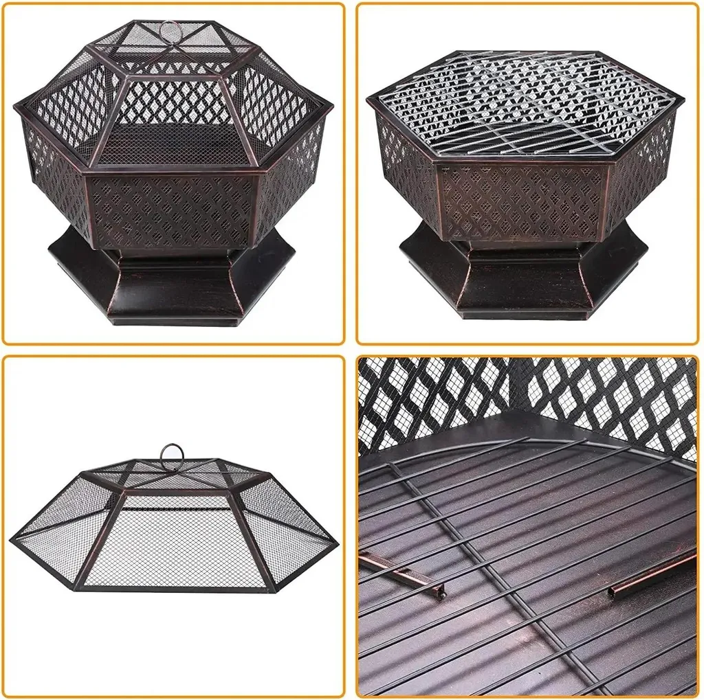 Barbecue de jardin hexagonal 66 cm laiton, résistant et simple à monter