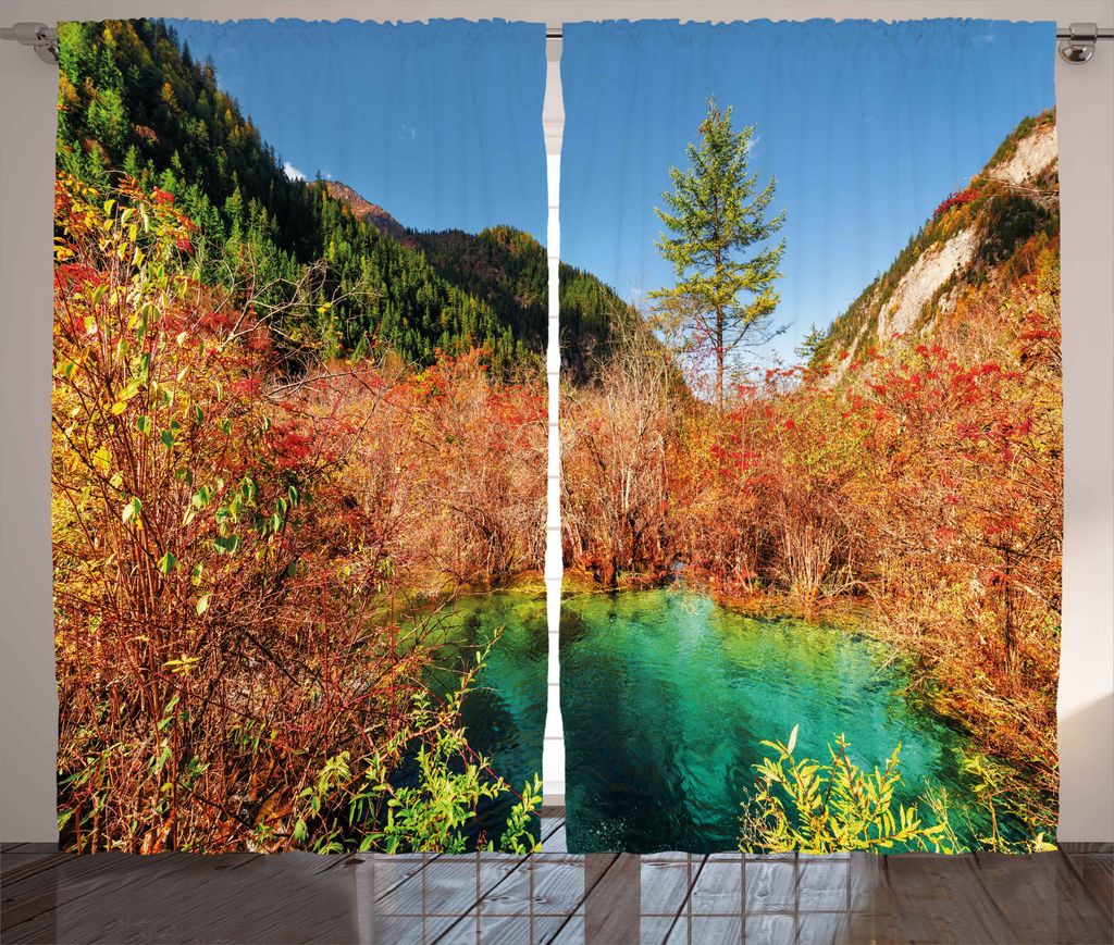 ABAKUHAUS Natur Rustikaler Gardine, Idyllische Herbstsaison, Schlafzimmer Kräuselband Vorhang mit Schlaufen und Haken, 280 x 175 cm, Grün Gelb