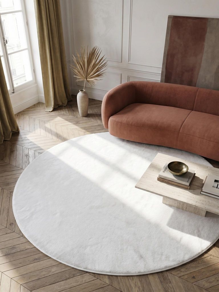 Teppich Kurzflor Unifarben Elegant Waschbar Strapazierfähig | Rund Weiß 200x200 cm Esszimmer Schadstoff Saugroboter | NECKAR – Kadima Design