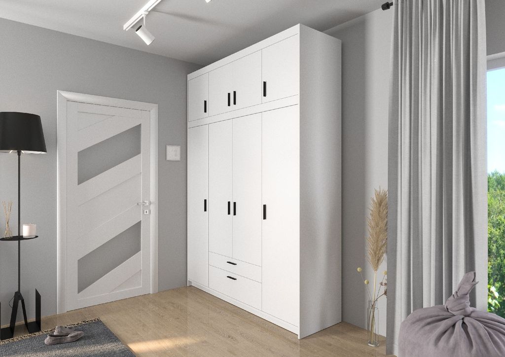 Kleiderschrank ELENA 4D Drehtürenschrank 177x245x53cm Schlafzimmer mit 4 Türen und 2 Schubladen Garderobe + Schrankaufsatz Weiß