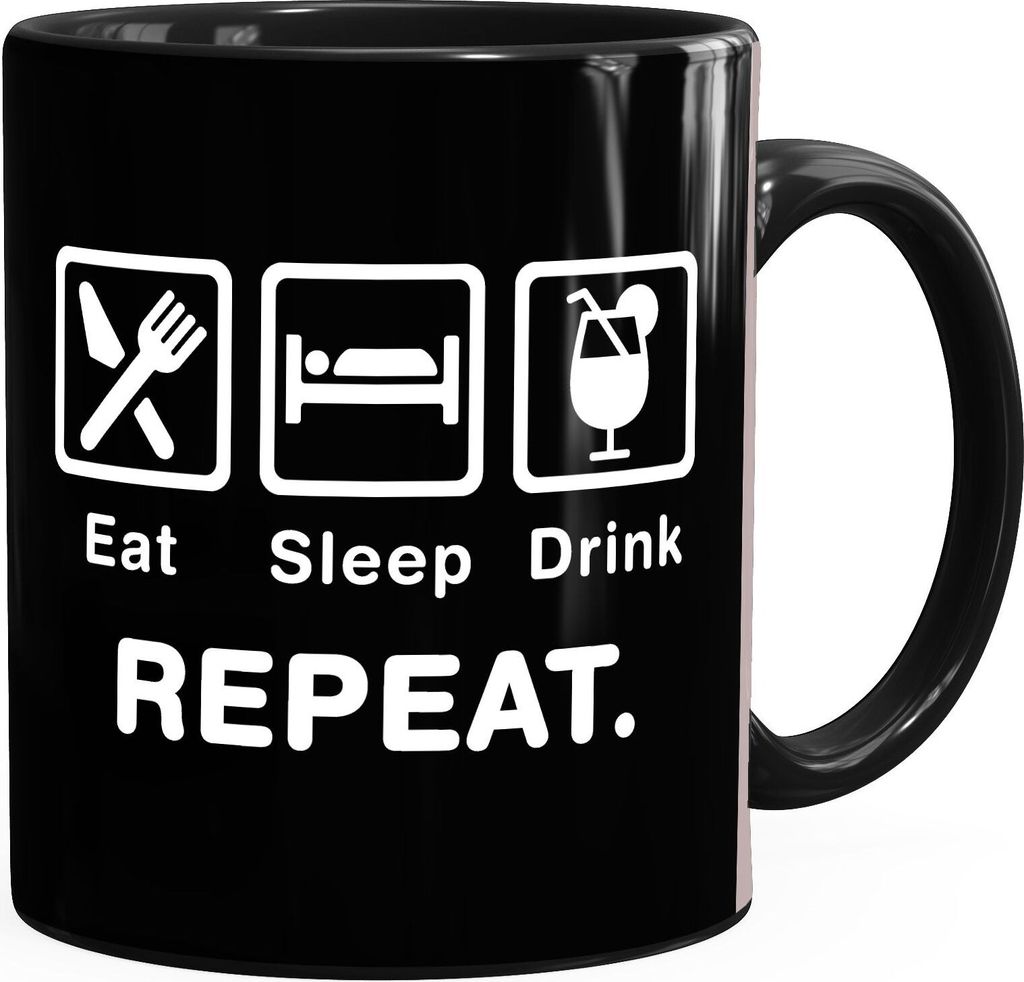Kaffee-Tasse mit Spruch Eat Sleep Repeat Mega Mix Bürotasse lustige Geschenke Kaffeebecher MoonWorks Drink schwarz Keramik-Tasse