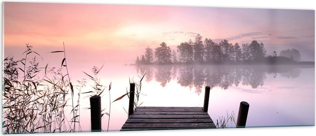 Bilder auf glas - Morgen Sonnenaufgang Nebel See - 140x50cm - Glasbilder - Wandbilder - Kunstdruck - zum Aufhängen bereit - Wanddekoration aus Gla...