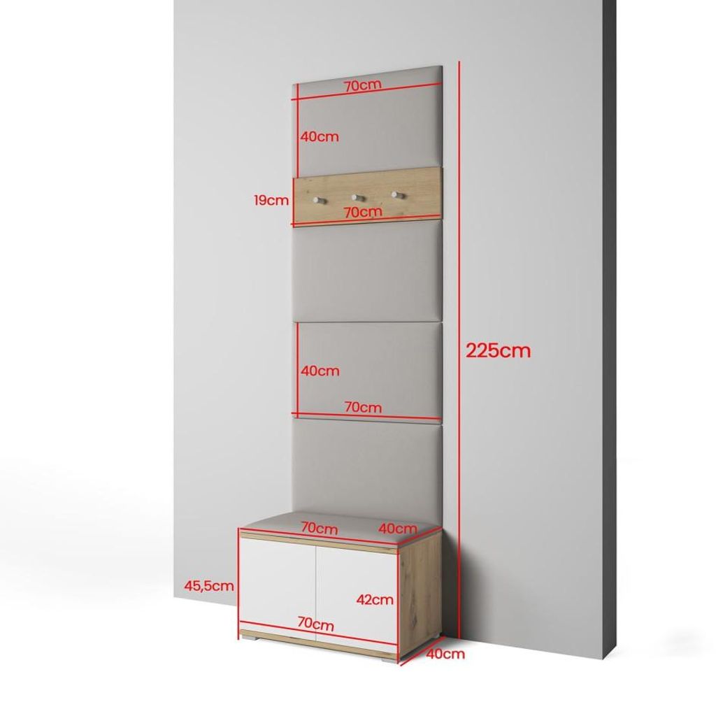 Garderoben-Set Aura version 6 mit Schuhregal und Polsterplatten, Ideal für Flur und Eingangsbereich (Weiß / Eiche Artisan, Trinity 03)