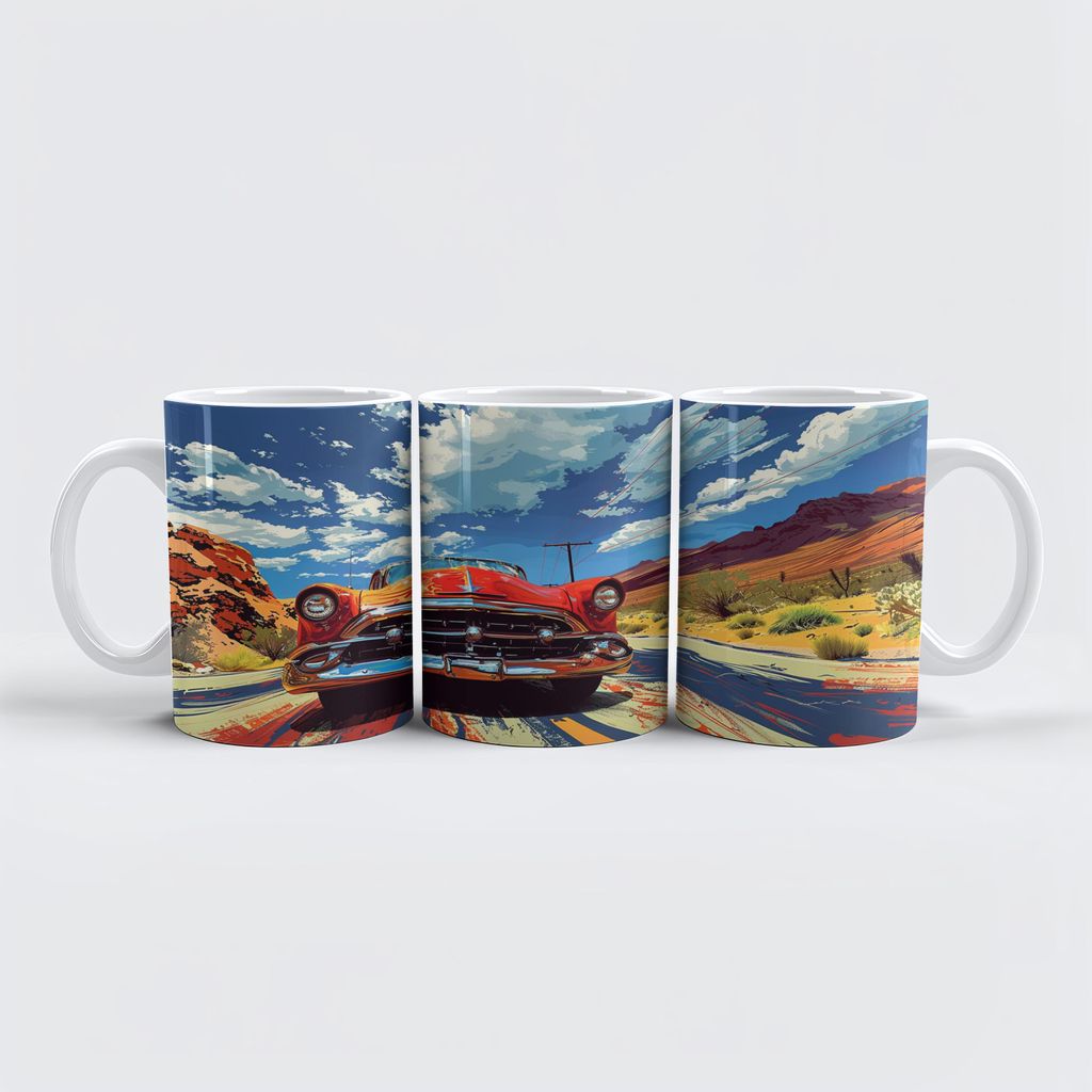raxxa Premium-Tasse "Roter Oldtimer auf Route 66"