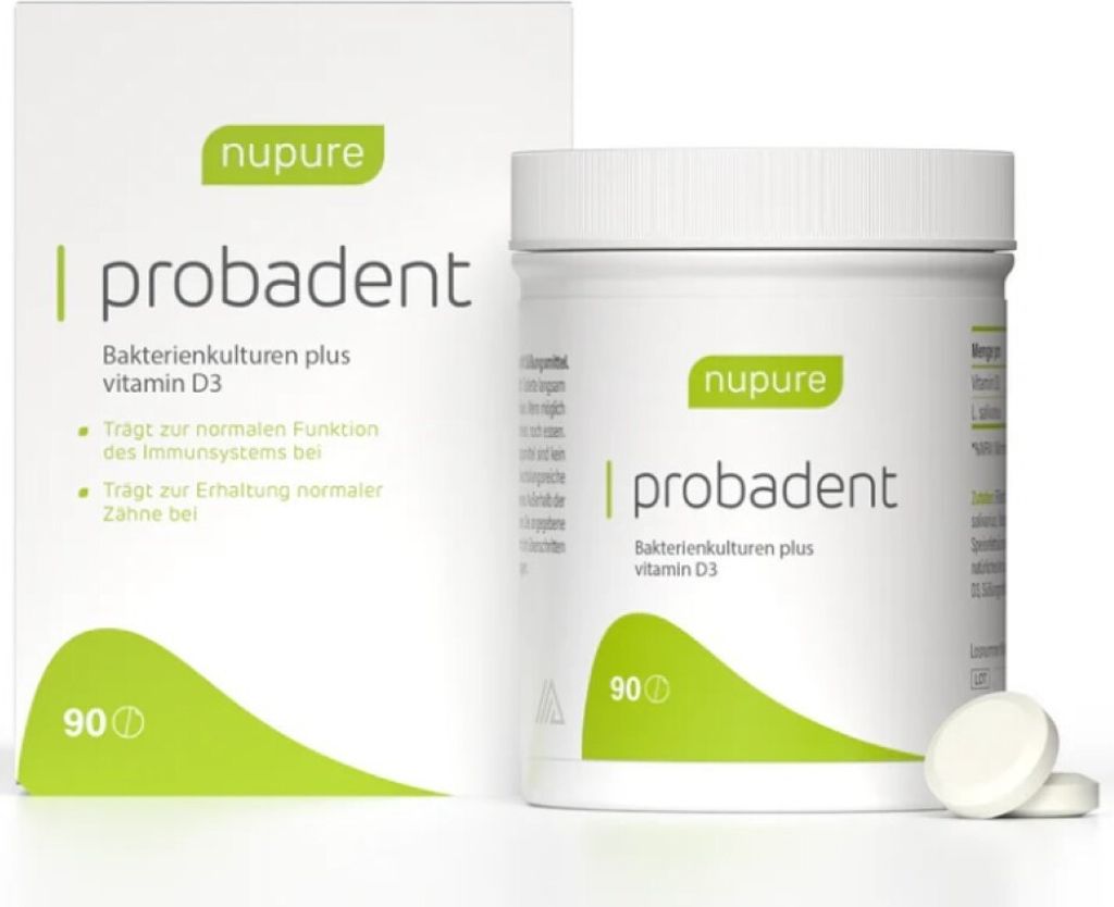 A product shot of a Nupure probadent bottle and its packaging.