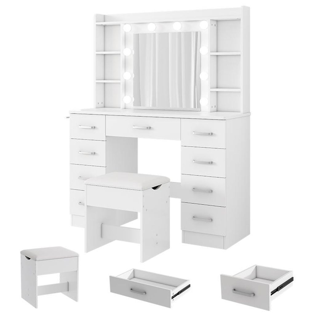 ZELURXX Schminktisch Weiß 110×40×145 cm mit LED-Spiegel, 10 Lichtern, 3 Lichtfarben, 2 transparenten Sichtschränken und 3 Schubladen, Hollywood...