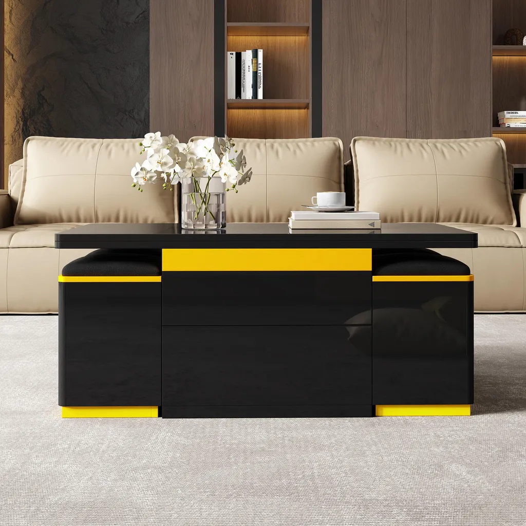 Table Basse Relevable et Extensible Noir Brillant avec 4 Tabourets