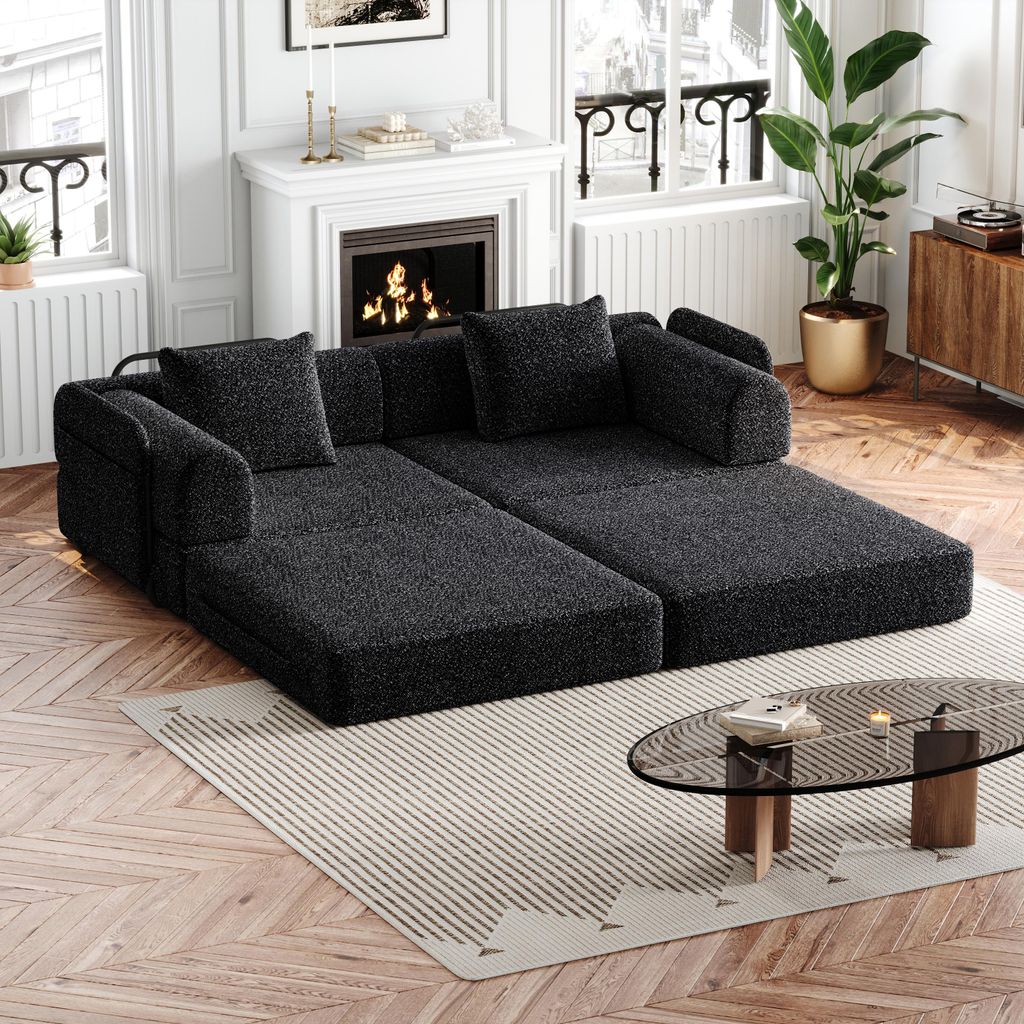 MODFU 2-tlg Chenille-Schlafsofa 2-in-1 Relaxsofa mit mit Staufach in der Armlehne,Polstermöbel Klappsofa mit drei Metallrahmen und mehreren Konfig...