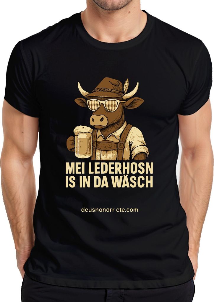 Mei Lederhosn is in da Wäsch mal wieda Bier Kuh Alpen Herren T-Shirt, Schwarz, 3XL