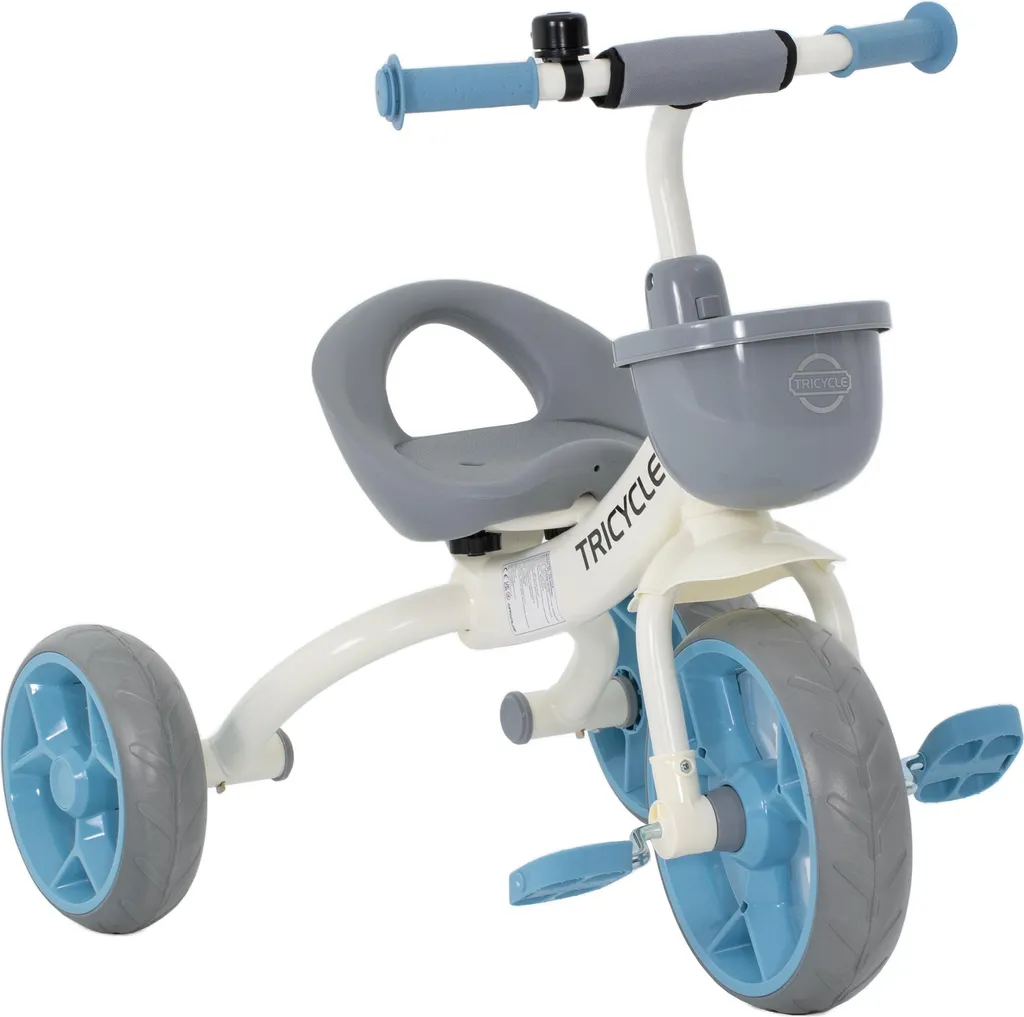 Tricycle pour enfants de 2 à 5 ans avec pneus souples et panier bleu