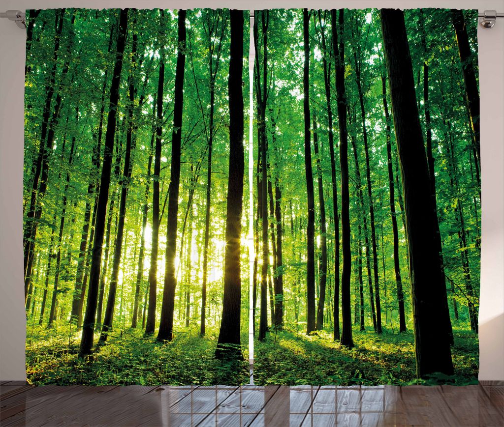 ABAKUHAUS Wald Rustikaler Gardine, Grüner Waldland-Sonnenaufgang, Schlafzimmer Kräuselband Vorhang mit Schlaufen und Haken, 280 x 225 cm, Gelb Sc...