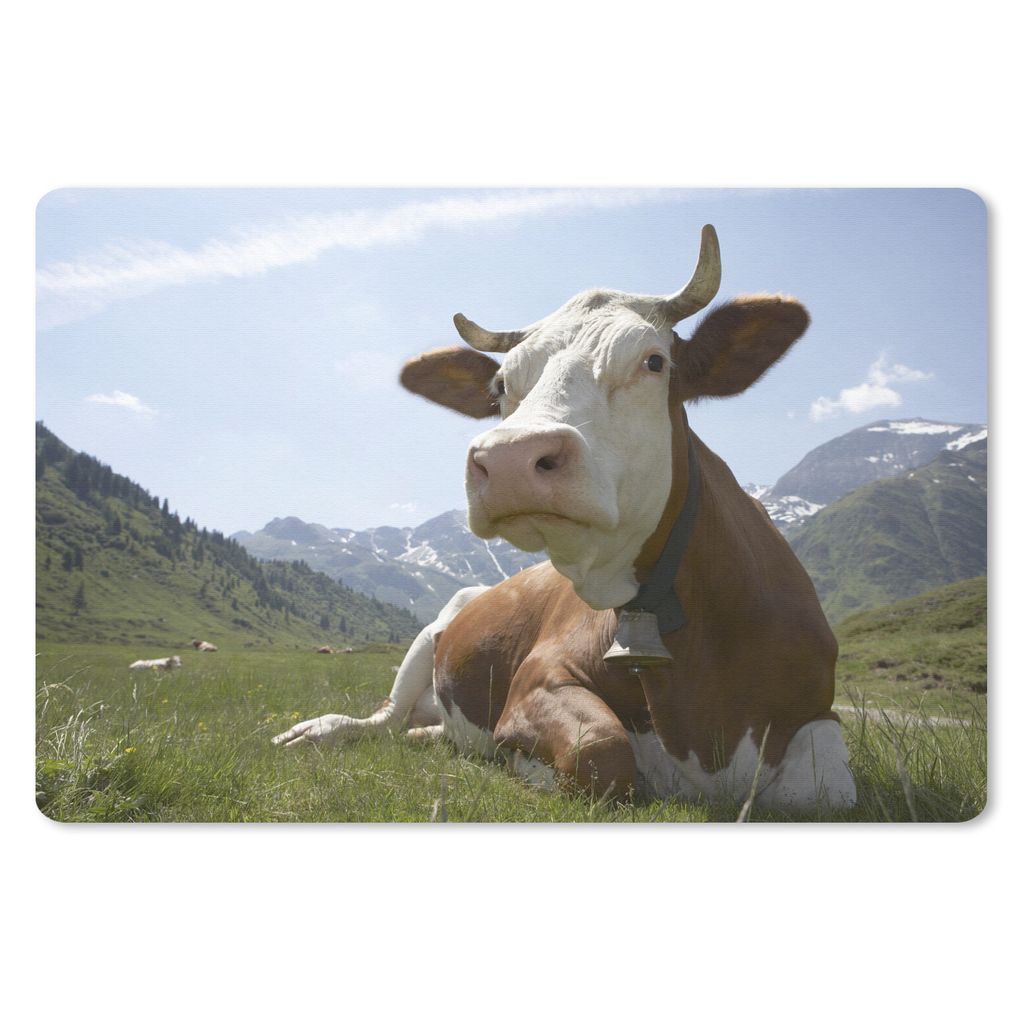 MuchoWow Schreibtischunterlage Kuh - Berg - Gras 60x40 cm - XXL Mauspad - Großes Mauspad