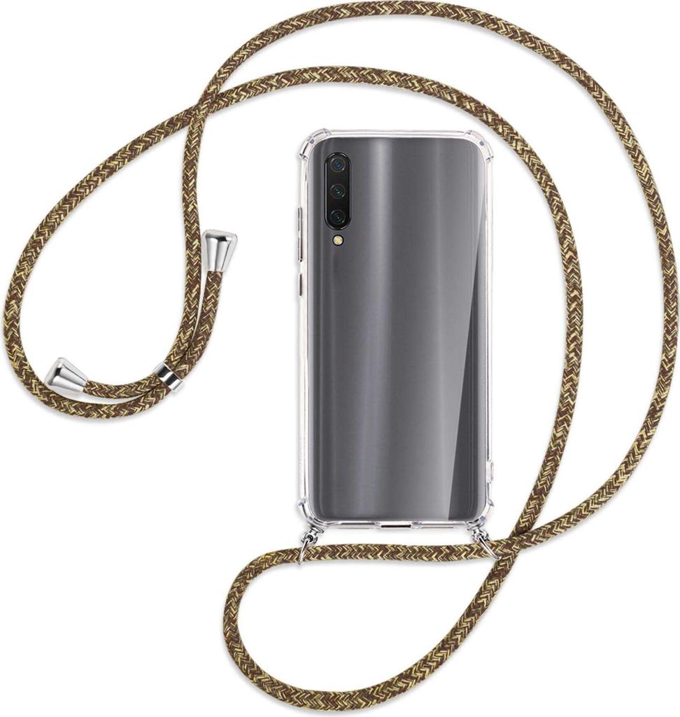 Handykette Backcover-Schutzhülle mit Band (Metall silberfarben) für Xiaomi Mi 9 Lite / CC9 - braun+beige