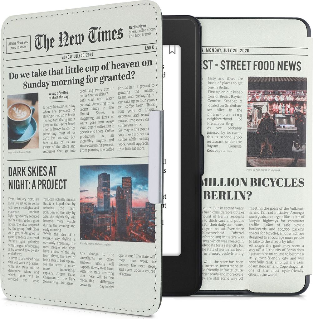 kwmobile Schutzhülle für Amazon Kindle Paperwhite Hülle - eReader Flip Case mit Auto Sleep Funktion - Newspaper mit Mehrfarbig Schwarz Sand