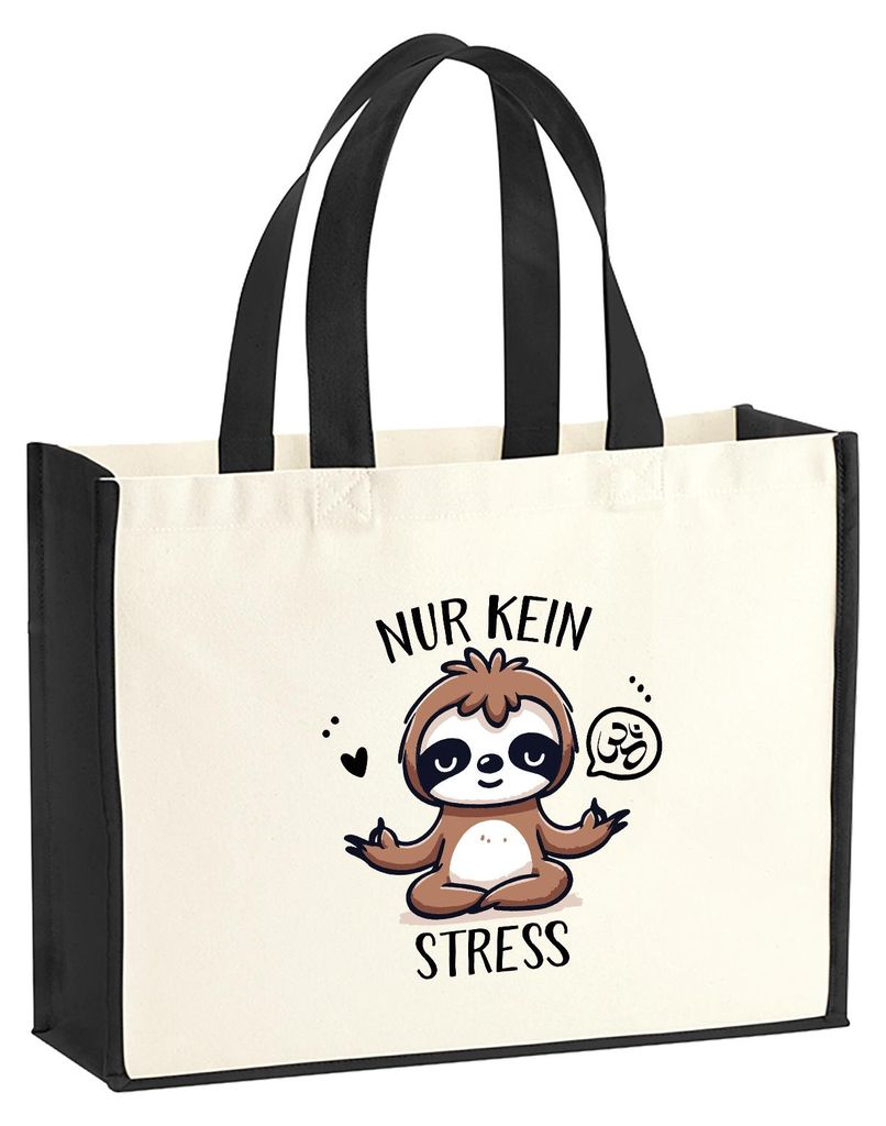 Huuraa Jutetasche Nur keinen Stress Yoga Faultier 21 Liter Black Jute und Baumwolle Einkaufstasche Geschenkidee