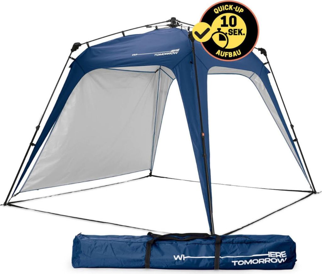 A blue pop-up pavilion is shown set up, with its carrying bag displayed in front of it.