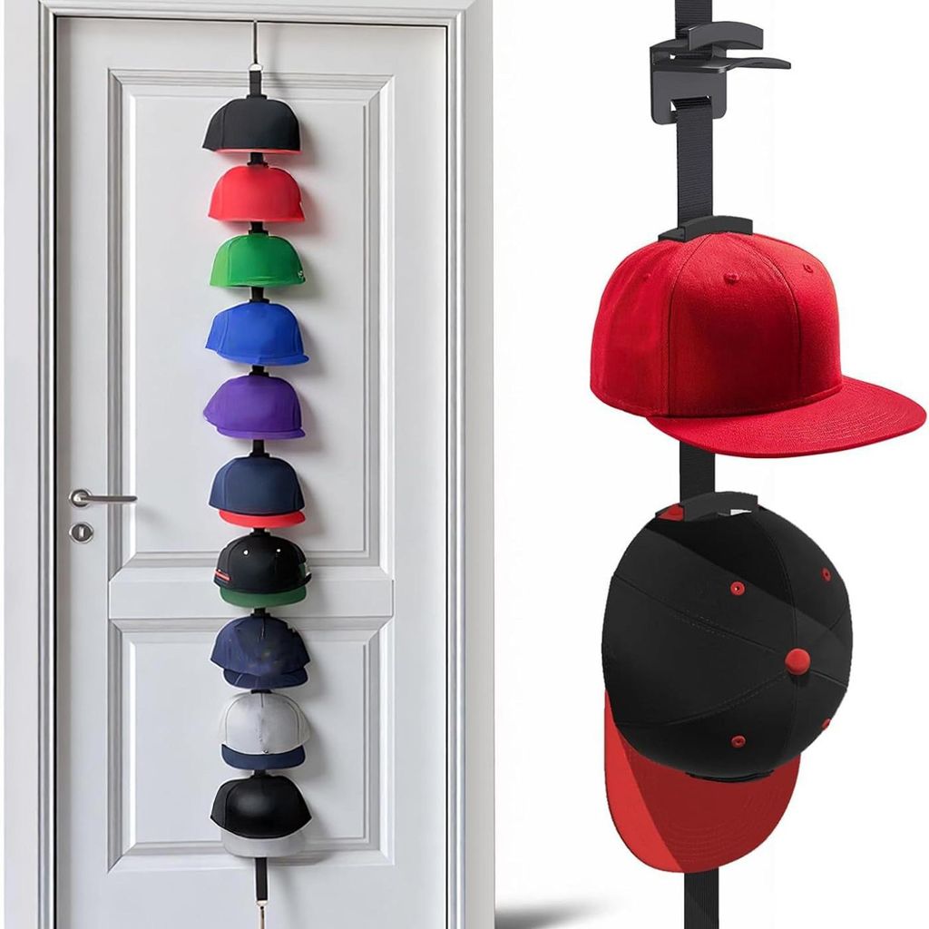 Tür-Hutablage mit zwei Aufhängemöglichkeiten und Haken für Mützen, geeignet für Schlafzimmer, Eingangsbereich, Garagentüren und Baseballkappen.