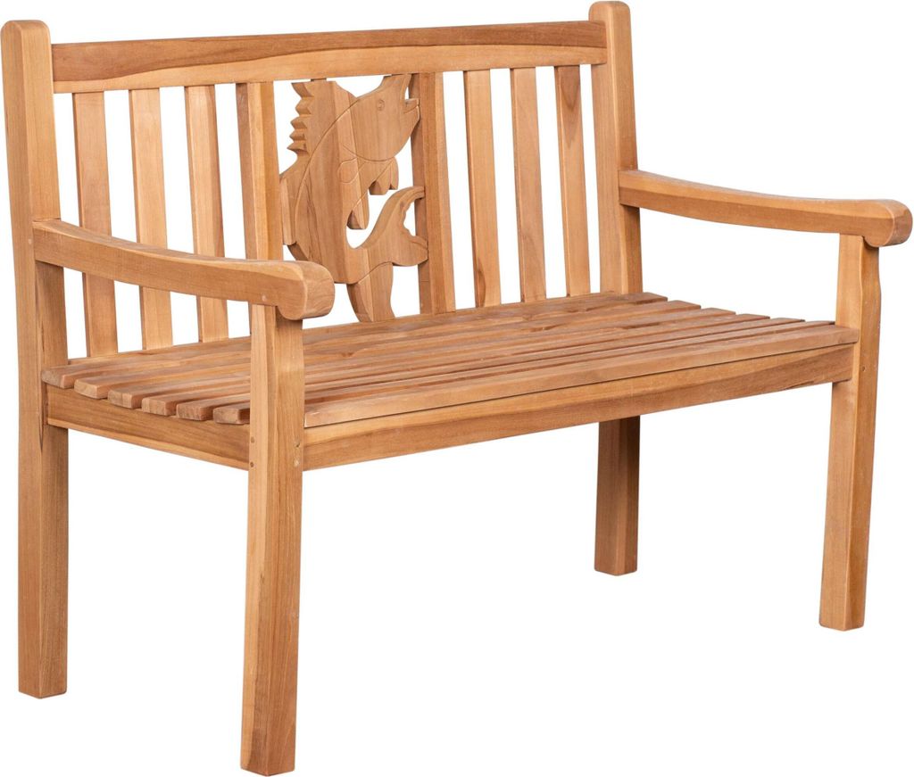 Gartenbank Teakholz 120 cm mit Motiv-Rückenlehne – massiv, wetterfest, zeitlos