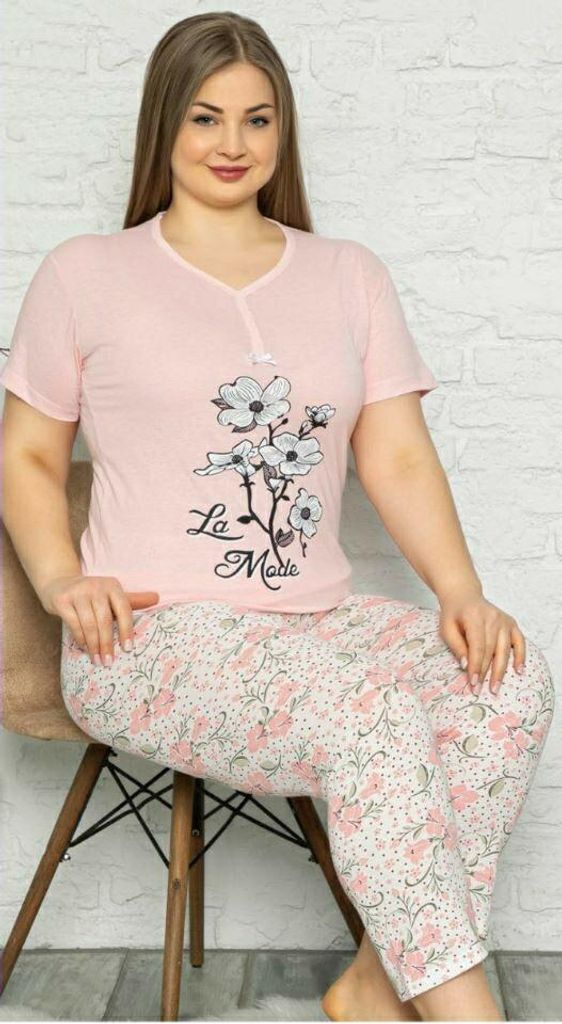 Damen Große Größen Pyjama Rosa 4XL Kurz Baumwolle Schlafanzug 2-Teiler Set L-93
