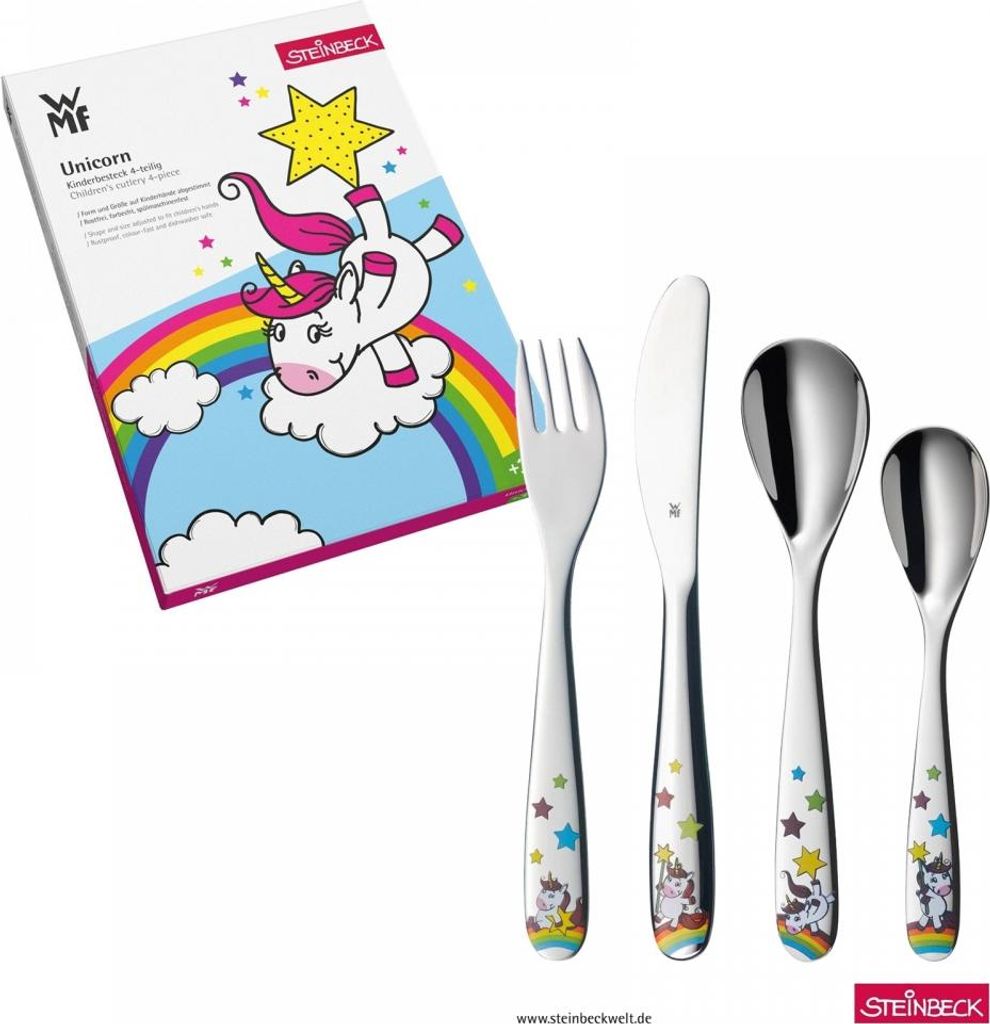 A set of children's cutlery with a unicorn theme, presented next to its packaging.