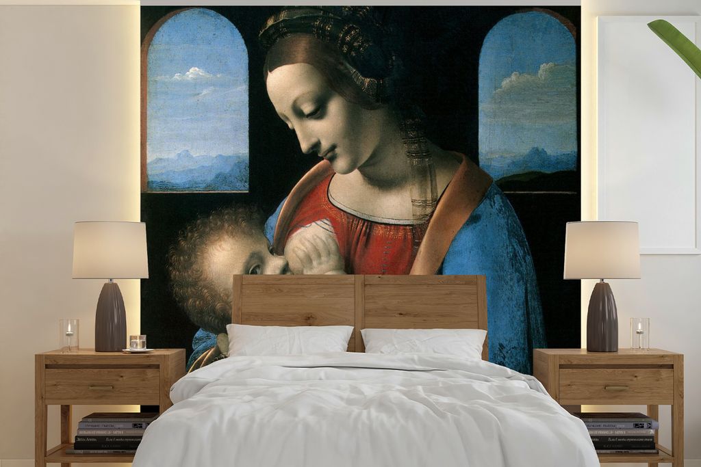 MuchoWow Fototapete für Wohnzimmer oder Schlafzimmer Wandtapete Vinyl Motivtapete Die Jungfrau Maria - Leonardo da Vinci - 220x220 cm - Tapeten