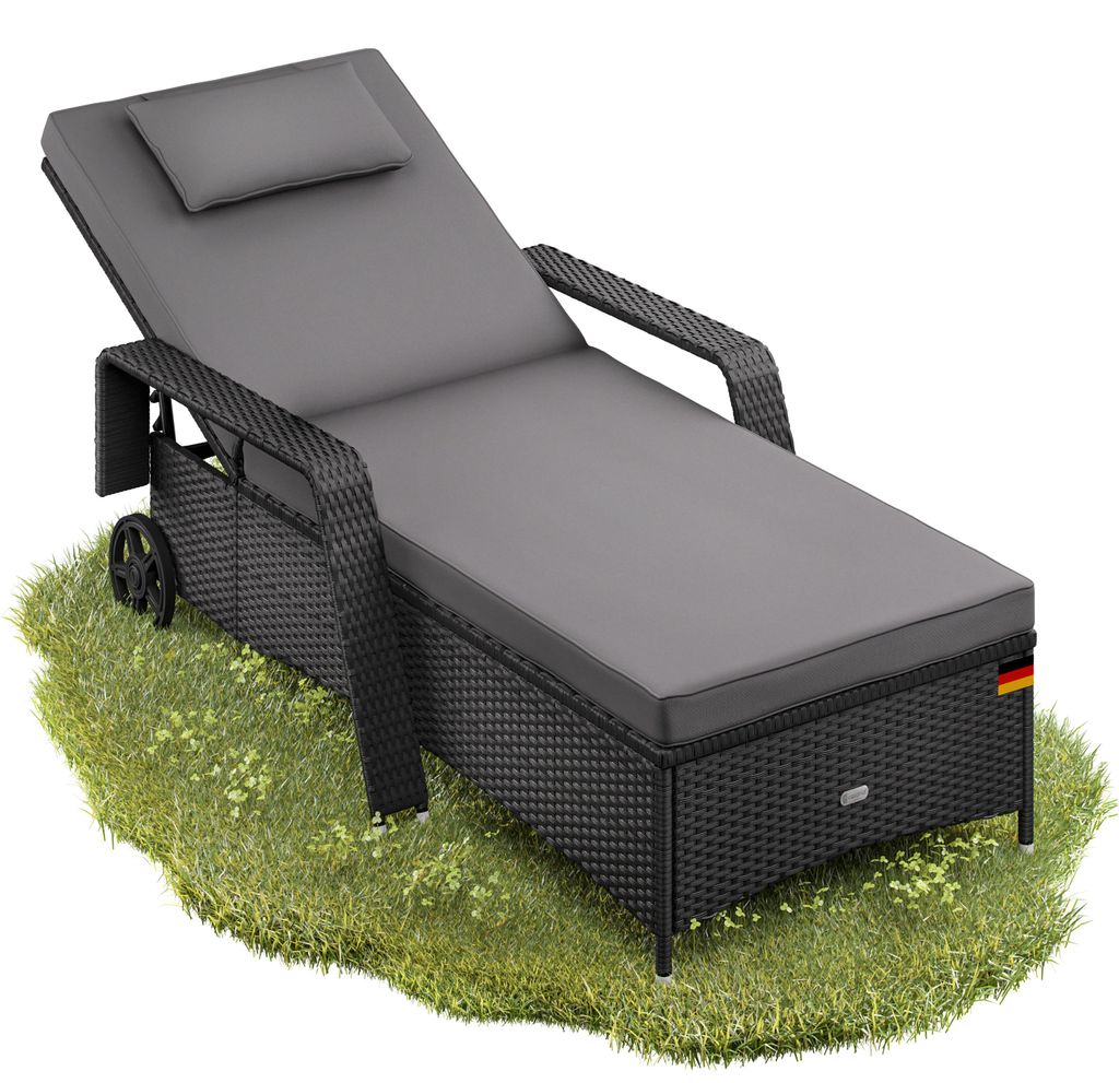 Casaria® Chaise longue en polyrotin Noir Anthracite coussin Image du produit 