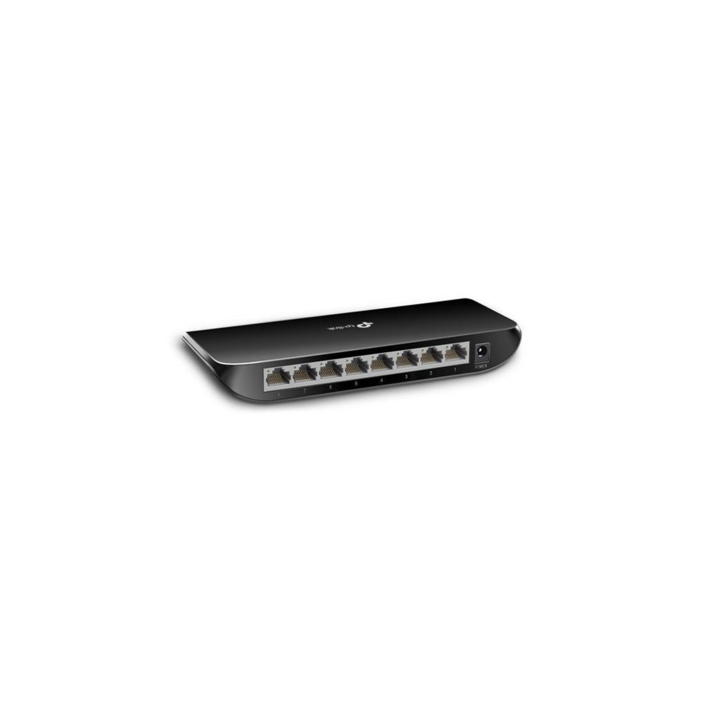 A black TP-Link network switch with 8 ports is shown on a white background.