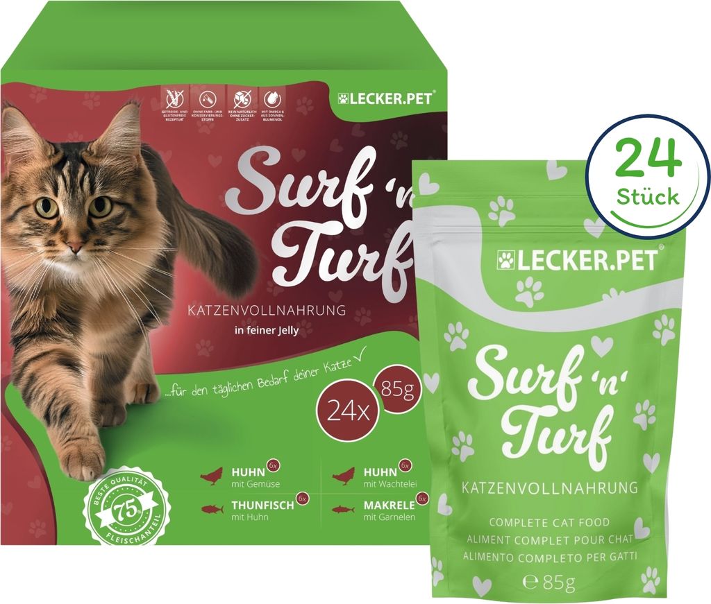 24 x 85 g Lecker.Pet Surf'n'Turf Pouches Katzenfutter in feiner Jelly Nassfutter - 4 Sorten Multipack