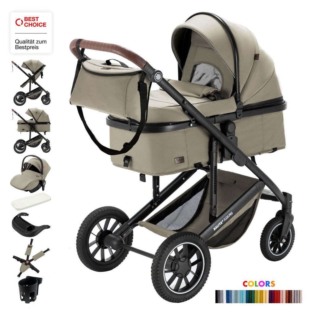 Daliya FLEXI-PRO M 3in1 Kinderwagen & Buggy mit i-Size Babyschale, Memory-Knöpfe, Kinderwagen mit Auto-Babyschale, Leicht, Großer Einkaufskorb
