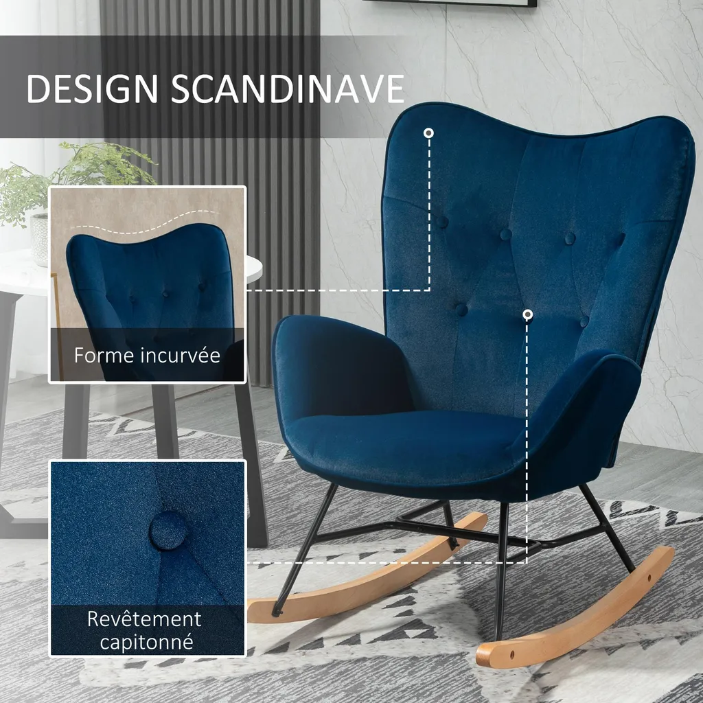 Fauteuil à Bascule Structure Bois et Métal, Assise Moelleuse Bleue