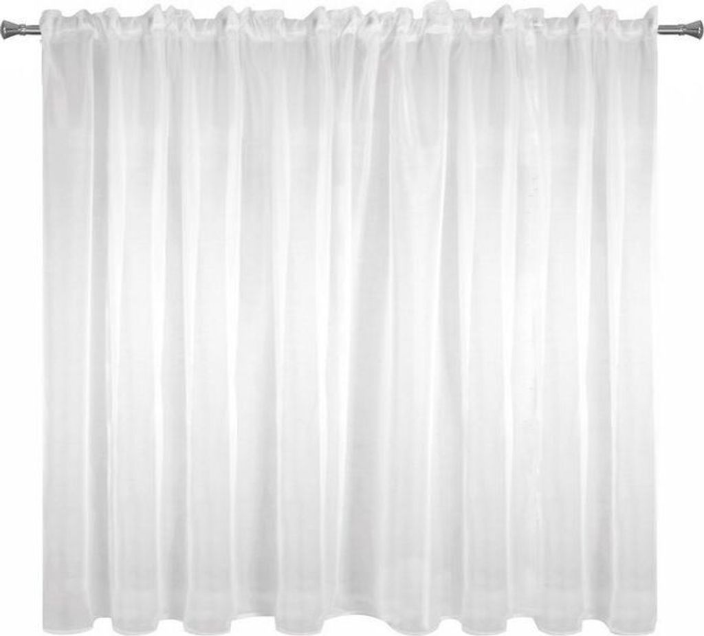 A white sheer curtain hanging on a curtain rod.